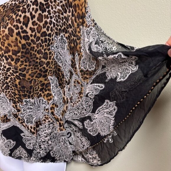 CACHE Womens Silk Animal Print Top Size L Leopard Paisley Beaded Mob Wife Chic - Picture 2 of 14